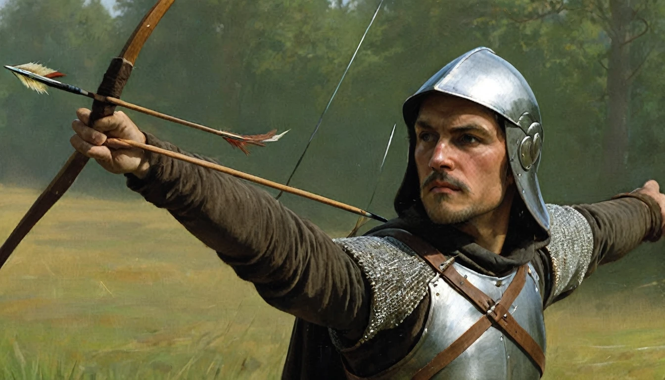 14th century, close-up of an English longbowman. The archer is wearing chain mail under a padded leather jerkin, with a gorget protecting his neck. He wears a simple iron helmet and a cloth hood. On his back hangs a quiver full of steel-tipped wooden arrows. His long bow, made of yew, is tall and curved, with a taut linen rope. The archer holds an arrow, ready to shoot, with a focused and determined expression on his face. The background shows a diffuse battlefield, focusing all attention on the details of their clothing and equipment., Hyperrealism, UHD, retina, masterpiece, accurate, anatomically correct, textured skin, super detail, award winning, 8k
