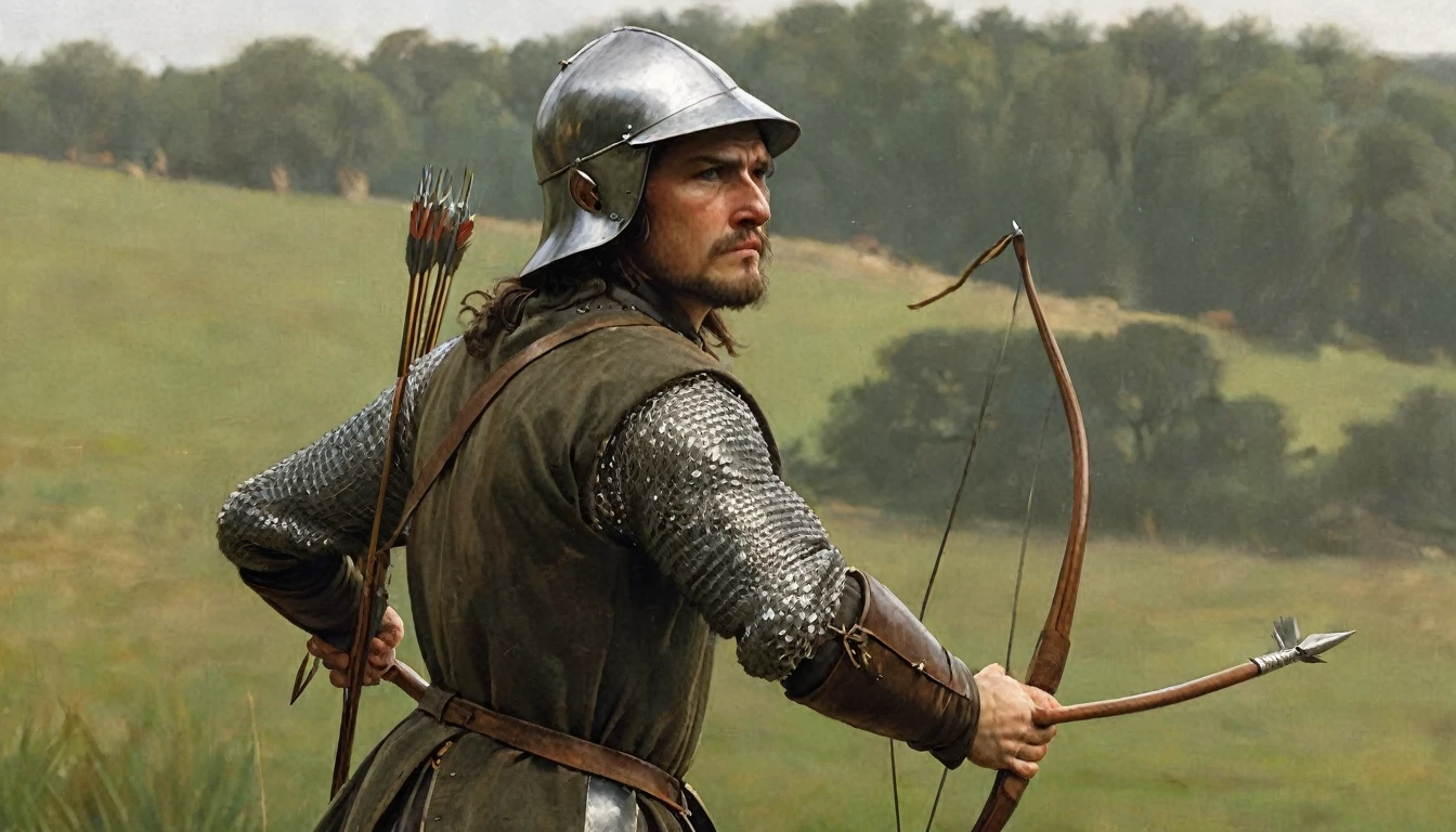 14th century, close-up of an English longbowman. The archer is wearing chain mail under a padded leather jerkin, with a gorget protecting his neck. He wears a simple iron helmet and a cloth hood. On his back hangs a quiver full of steel-tipped wooden arrows. His long bow, made of yew, is tall and curved, with a taut linen rope. The archer holds an arrow, ready to shoot, with a focused and determined expression on his face. The background shows a diffuse battlefield, focusing all attention on the details of their clothing and equipment., Hyperrealism, UHD, retina, masterpiece, accurate, anatomically correct, textured skin, super detail, award winning, 8k