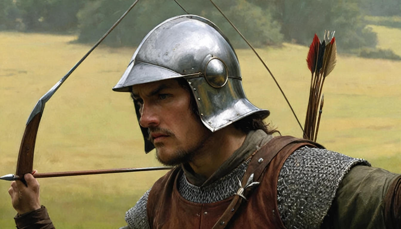 14th century, close-up of an English longbowman. The archer is wearing chain mail under a padded leather jerkin, with a gorget protecting his neck. He wears a simple iron helmet and a cloth hood. On his back hangs a quiver full of steel-tipped wooden arrows. His long bow, made of yew, is tall and curved, with a taut linen rope. The archer holds an arrow, ready to shoot, with a focused and determined expression on his face. The background shows a diffuse battlefield, focusing all attention on the details of their clothing and equipment., Hyperrealism, UHD, retina, masterpiece, accurate, anatomically correct, textured skin, super detail, award winning, 8k
