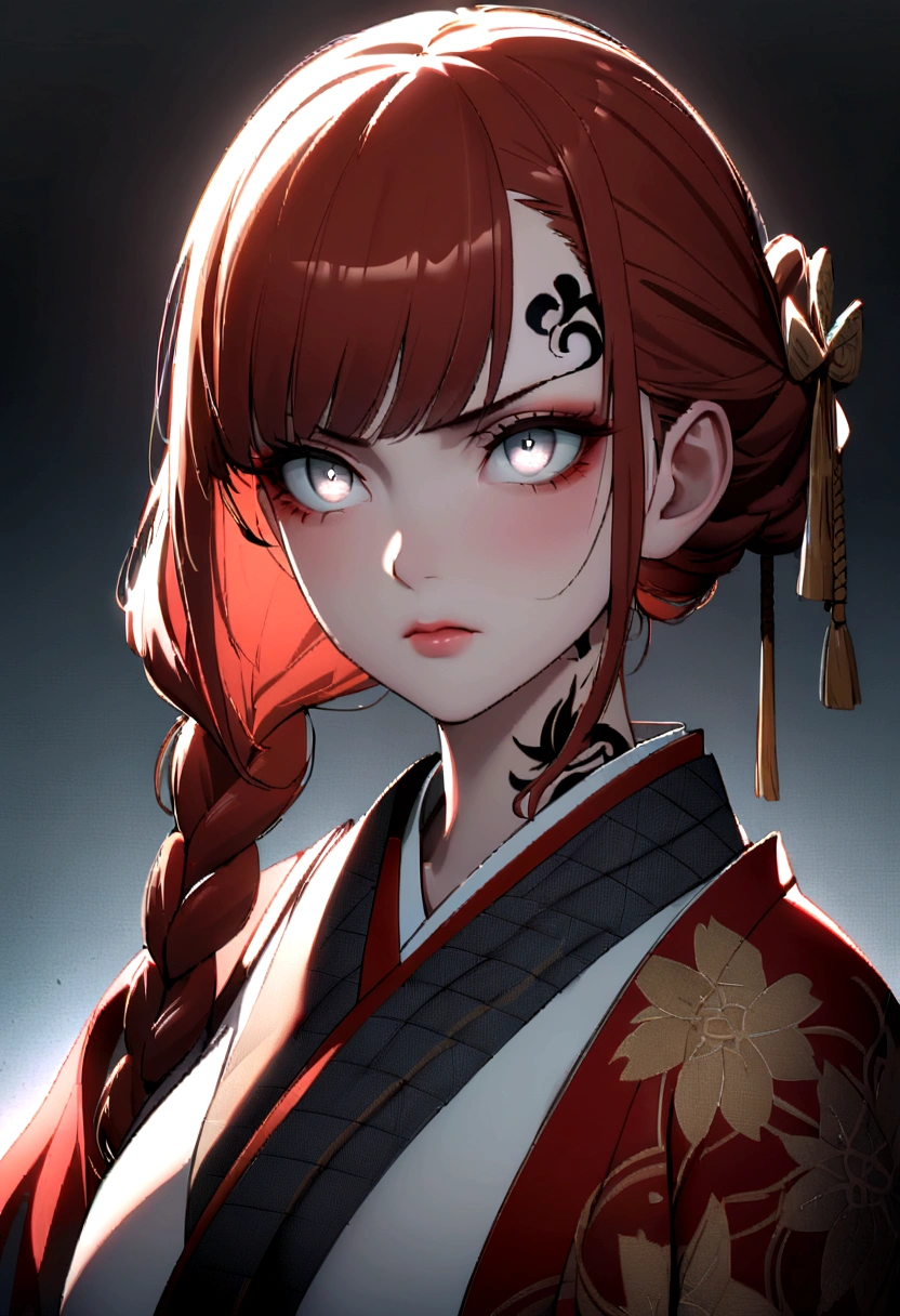 Front portrait of a beautiful Japanese woman ((irezumi tattoo-1.2), her upper chest; Dressed in a hanging kimono, traditional braided hair; (Red head-1.3), white eyes with gray details; She was angry and bad-tempered; (Her body is covered with scars), firm and swollen breasts; dynamic light, photon mapping; foggy atmosphere A gloomy background, Mysterious, extraordinary close up, I looked at the steeple.