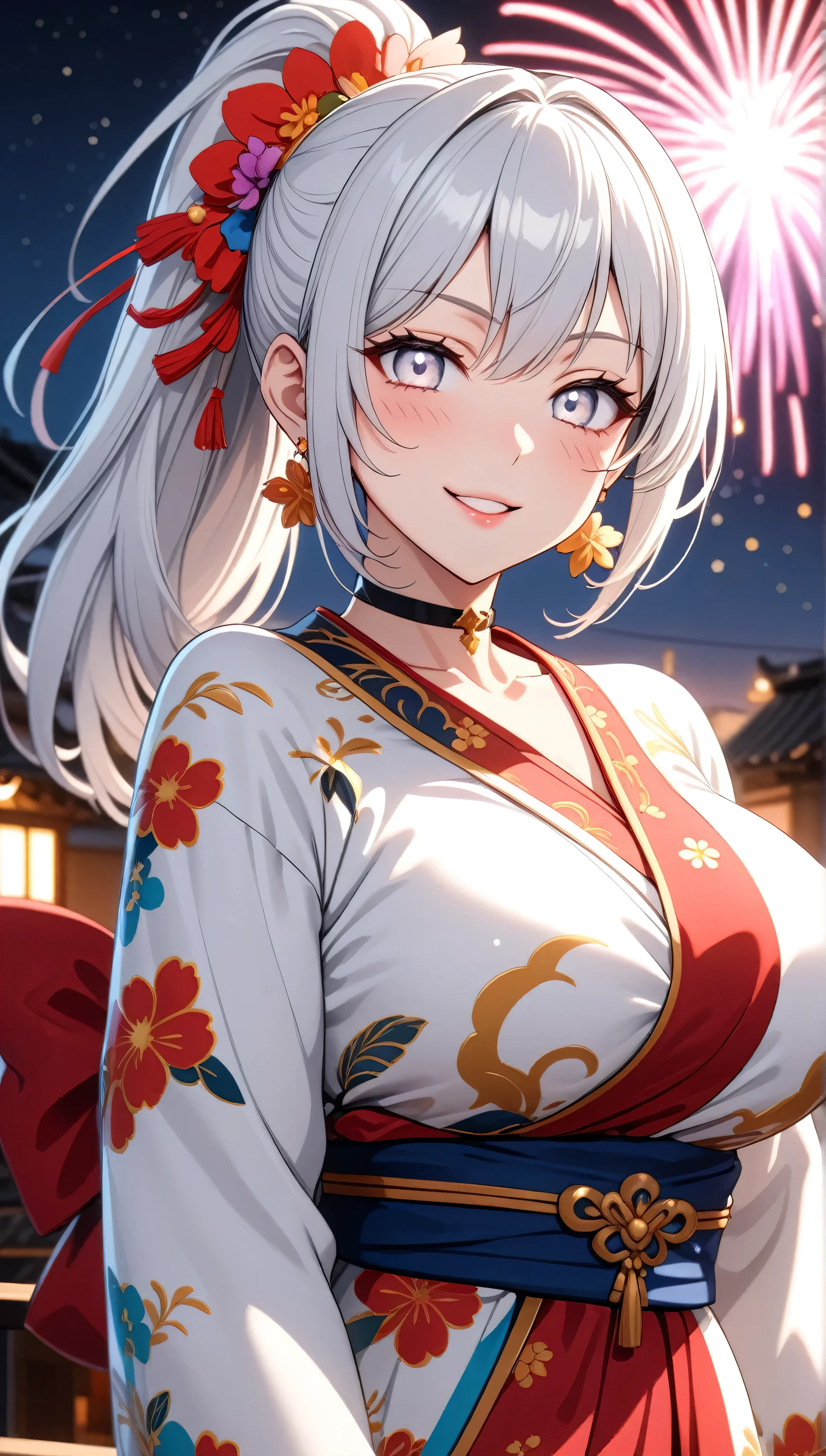 ((one personの女性)), Beautiful Face,Laughing shyly,((wink:2.0)),Laugh with your mouth wide open((Bright red cheeks:1.4)),Glossy pink lips,night,rooftop,Festive decorations,You can see the ocean, firework,Laughing with your mouth open,Glossy pink lips,Lighting on the face,((Anime style background)),masterpiece, Highest quality, so beautiful,Latest, complex details, (Pink long nails),(ring),(bracelet),(choker),AI-generated, complex,High resolution, Highest quality, super high quality,3D Images、View your viewers、3D Images,one person,Long white hair,High Ponytail,(blue eyes),Anime woman posing for a photo, ((Fine grain、Silvery white colorful eyes、Shining Eyes:1.4)),(Squint your eyes:1.1),a hyperRealistic , hyperRealistic , Realistic,Anime woman with long and white hair, Smooth anime CG art, A woman in a colorful kimono with gold embroidery, (Black long sleeve kimono),Red floral pattern,Long flower hair ornament,Big earrings,Mature Body,(Big Breasts:1.1),Tall,Abdominal muscles,Narrow waist,(Zoom in on face:1.7),Shooting from below at an angle