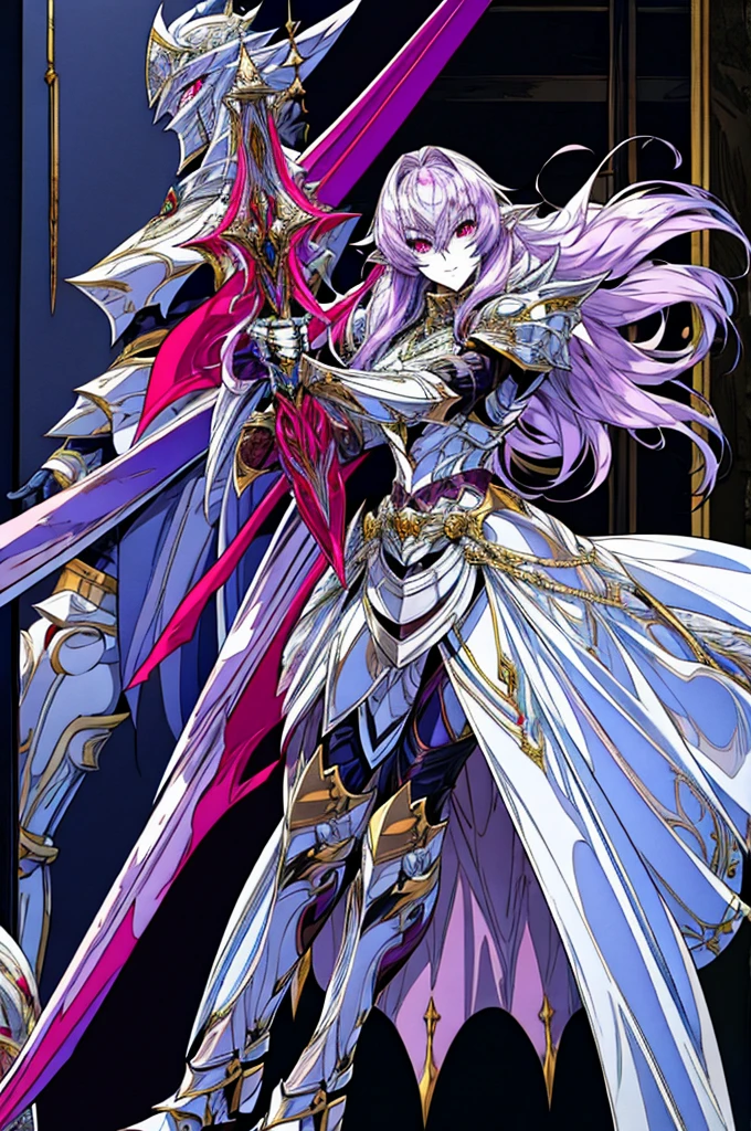 female elf knight, full body art, purple hair, white skin, red iris eye, knight full plate adorned armor, silver cape, perfectly detailed