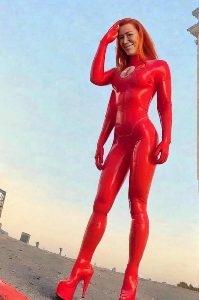 evedef, green eyes, orange hair, flowing cape, pink bodysuit, gloves, shorts, boots, looking at viewer, smiling, flying, in the air, blue sky, clouds, extreme detail, masterpiece,