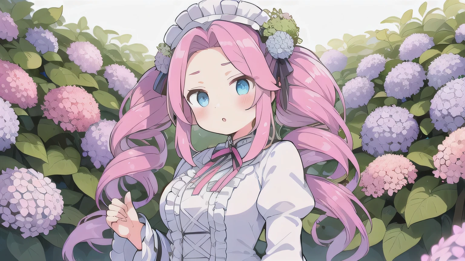 &quot;One Woman&quot;、young、blue eyes、Pink Hair、Long Hair、Drill-shaped twin-tail hairstyle、White Lolita Fashion、Upper Body、front、Hydrangea garden