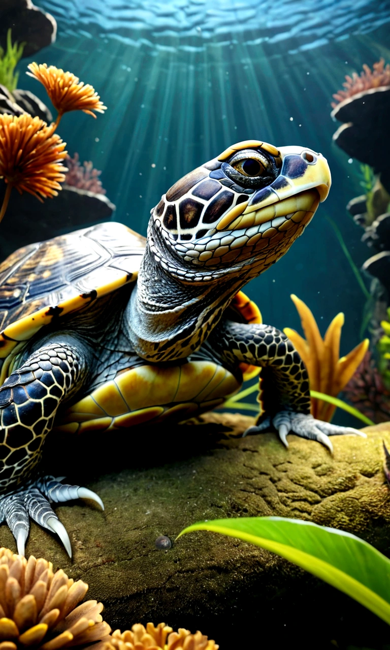 There is a creature at the bottom of the river，Birds heads，The body of a turtle and the tail of a snake，Mysterious Creatures, shrike, (best quality，4K，8K，High level，masterpiece：1.2），Ultra Detailed，（lifelike，Photo real，Photo real：1.37），Highly detailed animals，Complex patterns，Realistic lighting，Fantasy Creatures