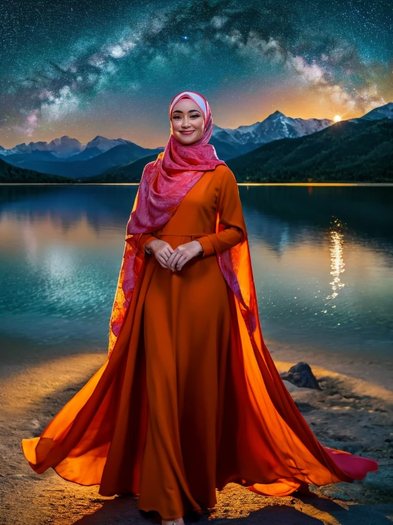 A very starry night. Big moon behind the mountains. The calm lake reflects the night.close up, a beautiful Korean woman in hijab, orange dress, graceful standing pose, happy expression, abdurrahnman saleh, realistic scene, detail, Photorealism, 16k