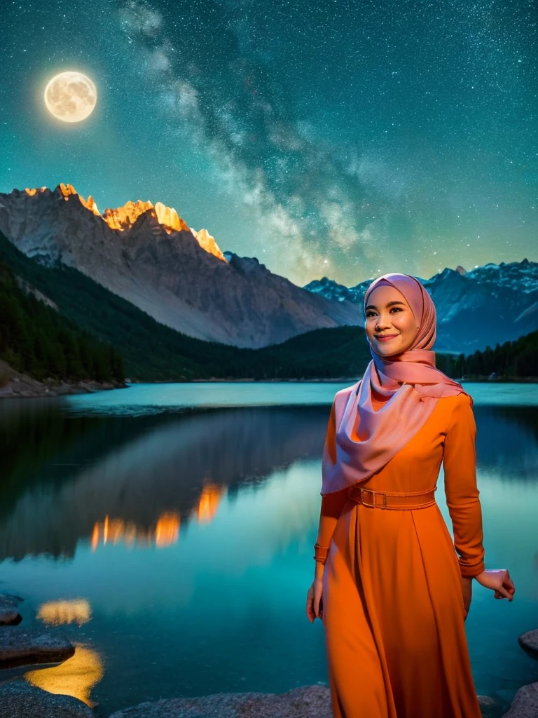 A very starry night. Big moon behind the mountains. The calm lake reflects the night.close up, a beautiful Korean woman in hijab, orange dress, graceful standing pose, happy expression, abdurrahnman saleh, realistic scene, detail, Photorealism, 16k