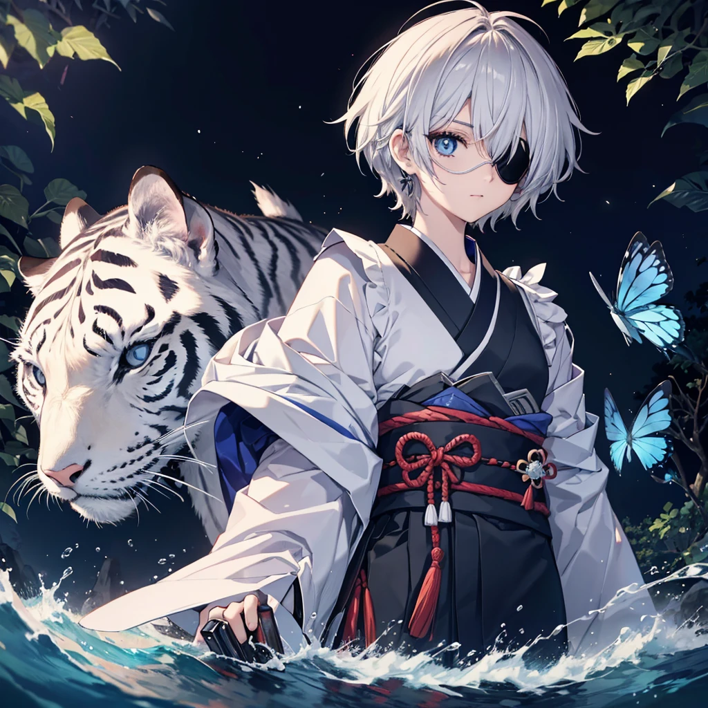 (((1 person))) (((Put on an eye patch))) ((White Tiger Mask)) ((High resolution short hair Gray Hair Black kimono Shoulder knifeを胸の前で構える)) ((Black Band samurai Lonely despair blue eyes Close-up)) ((Blue Butterfly night Japanese style old Shining Aura garden water surface full moon Catch the wind)) (dance 日本knife knife Slashing) moonlight star Draw your sword Shining Background Shining Edge