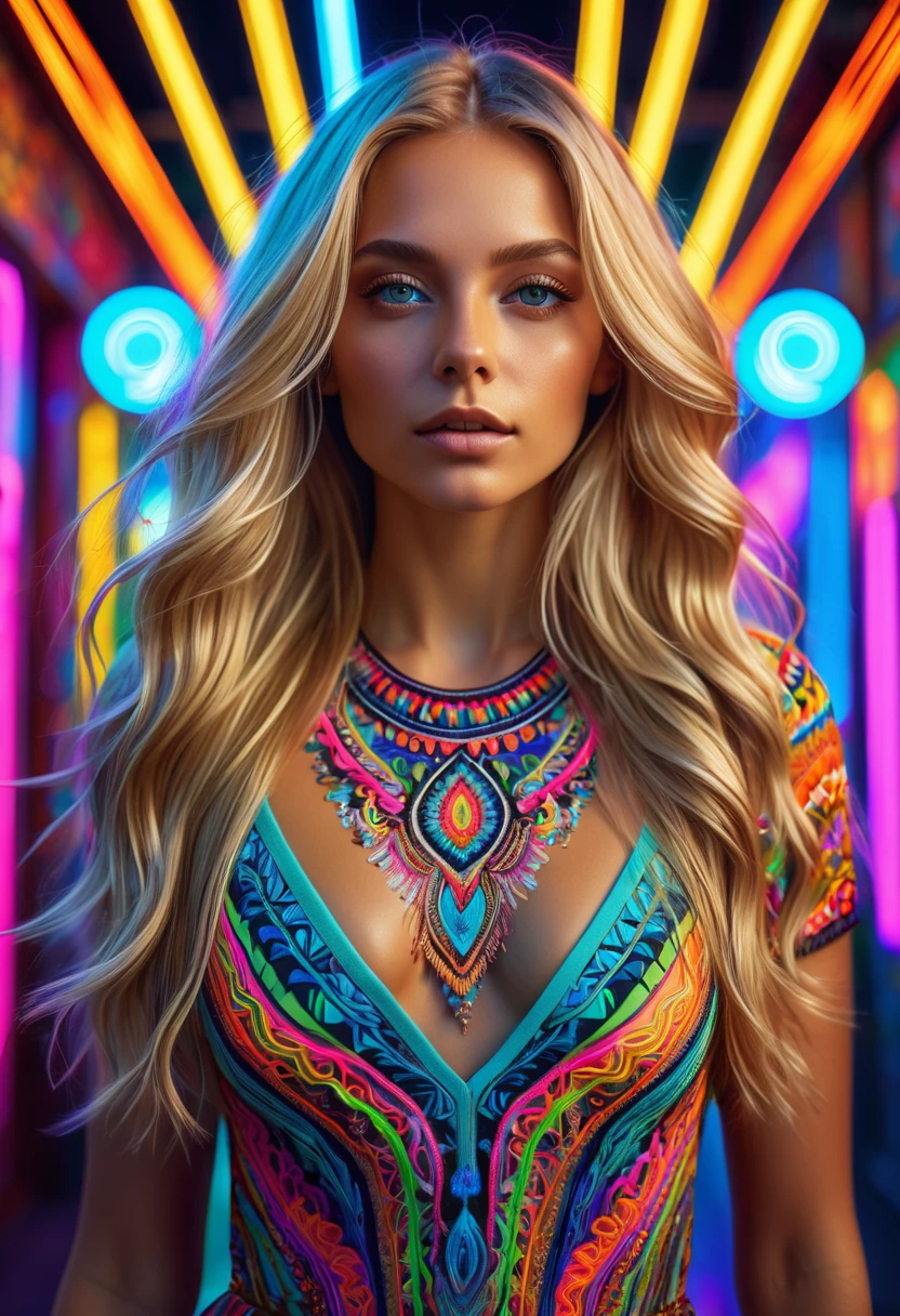 (best quality, 4K, 8K, high-resolution, masterpiece), ultra-detailed, realistic, photorealistic, portrait of a beautiful woman, long blonde hair with intricate patterns, tan skin, standing in front of colorful neon lights, psychedelic patterns, flowing hair, dress with detailed embroidery on the chest, light stripes, vibrant colors, intricate details, expressive eyes, high detail, high resolution, dynamic composition, modern style, ethereal atmosphere, soft lighting.