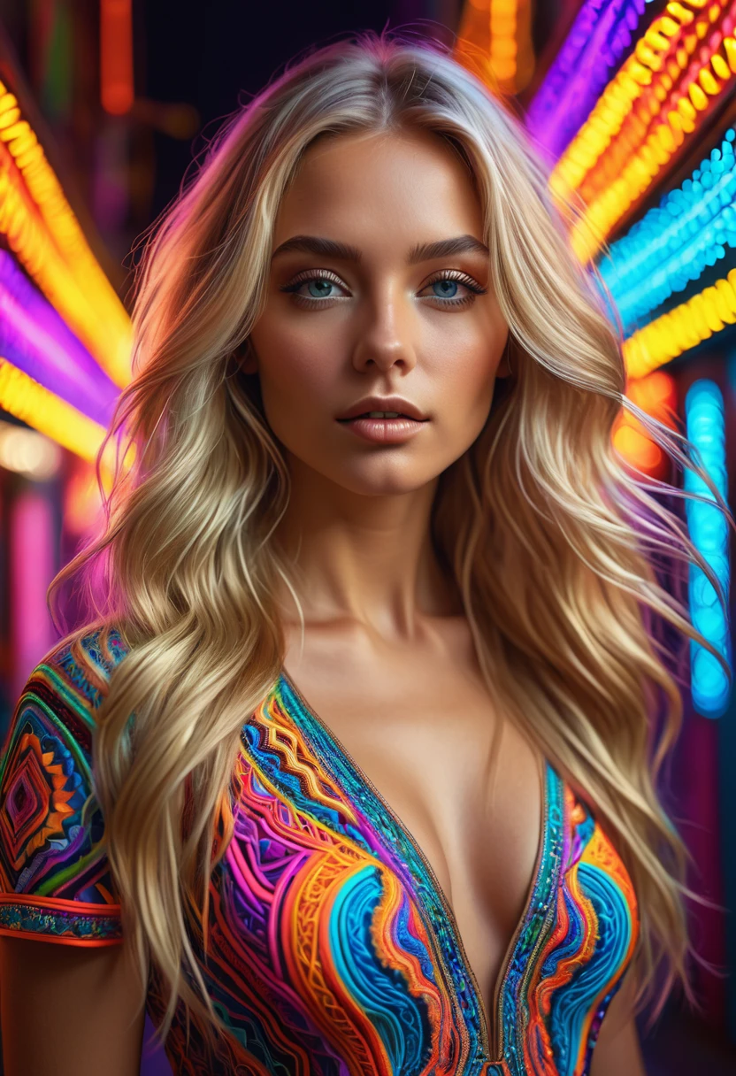 (best quality, 4K, 8K, high-resolution, masterpiece), ultra-detailed, realistic, photorealistic, portrait of a beautiful woman, long blonde hair with intricate patterns, tan skin, standing in front of colorful neon lights, psychedelic patterns, flowing hair, dress with detailed embroidery on the chest, light stripes, vibrant colors, intricate details, expressive eyes, high detail, high resolution, dynamic composition, modern style, ethereal atmosphere, soft lighting.