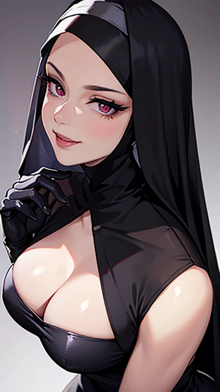 Mature Woman,(((Succubus disguised as a nun))),(((A veil covering the mouth,Sexy Costumes))),(Detailed Description, High resolution，8k wallpaper，masterpiece，Highest quality,Depth of region,Anatomically accurate depiction,A face with attention to detail, Eye for detail,Nice hands, Perfect Fingers,eyelash,(pupil,Seductive Gaze,There is cleavage in the chest,A seductive smile,Large Breasts,Mysterious colored lips),(From above:1.1),Perfect body,Depict the whole body