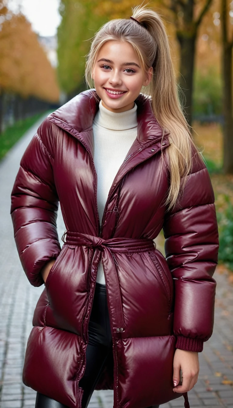 ultrarealistic high quality full body photo of a beautiful busty slim european 18-year-old woman with cute hyperdetailed shy face and natural blonde straight long ponytail and shy smile , realistic round hazel eyes, natural lips, light makeup, wearing shiny burgundy puffer coat and leather pants, hourglass body, outdoor photography, tanned, nsfw