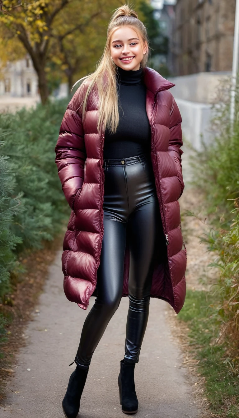 ultrarealistic high quality full body photo of a beautiful busty slim european 18-year-old woman with cute hyperdetailed shy face and natural blonde straight long ponytail and shy smile , realistic round hazel eyes, natural lips, light makeup, wearing shiny burgundy puffer coat and leather pants, hourglass body, outdoor photography, tanned, nsfw
