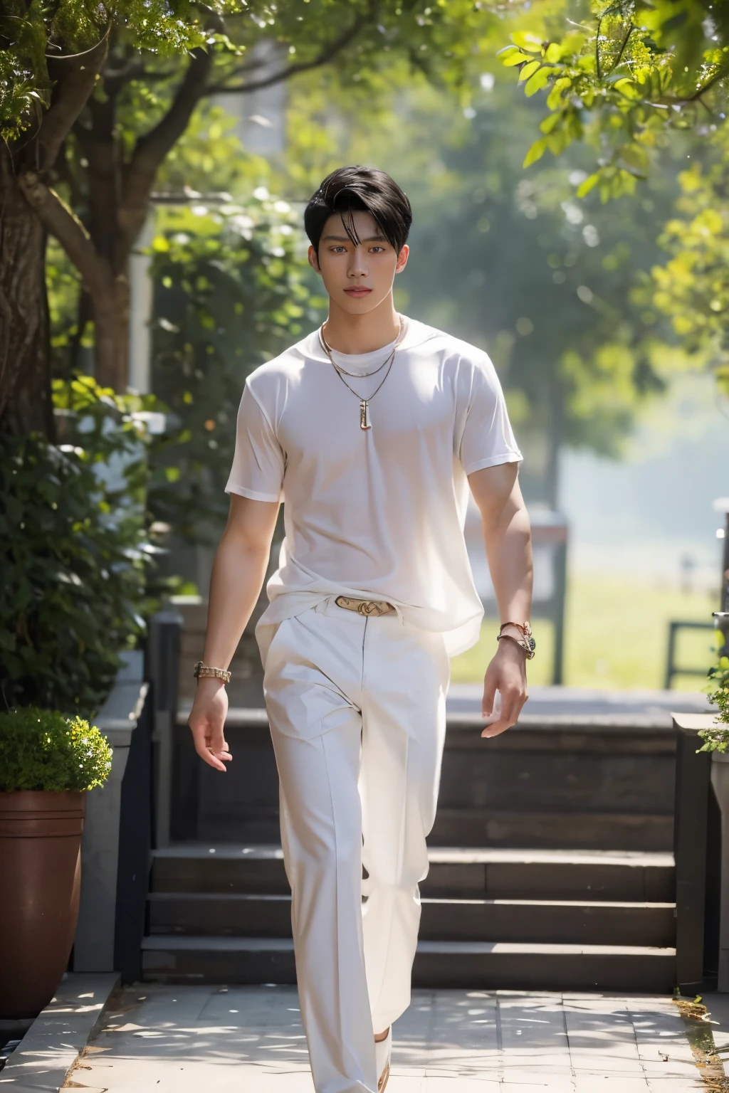 1 man, Southeast Asian, age 20, perfect face, short black hair, sharp eyes, firm eyes, sharp nose, beautiful lips, perfect body, pale white skin, natural muscles, whole body, dashing, broad chest, abdominal muscles, wearing a shirt , accurate jewelry, necklaces, bracelets, trousers are slightly damaged at the knees, photo models, pose models, clothing fashions, stage walking models,