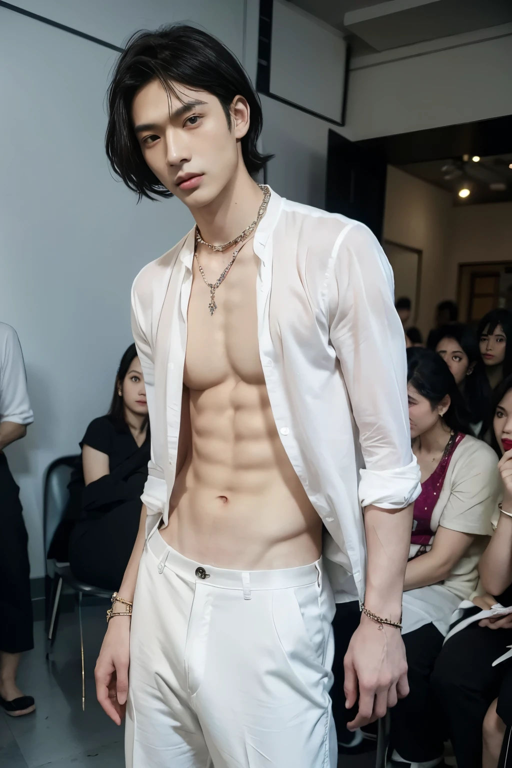 1 man, Southeast Asian, age 20, perfect face, short black hair, sharp eyes, firm eyes, sharp nose, beautiful lips, perfect body, pale white skin, natural muscles, whole body, dashing, broad chest, abdominal muscles, wearing a shirt , accurate jewelry, necklaces, bracelets, trousers are slightly damaged at the knees, photo models, pose models, clothing fashions, stage walking models,