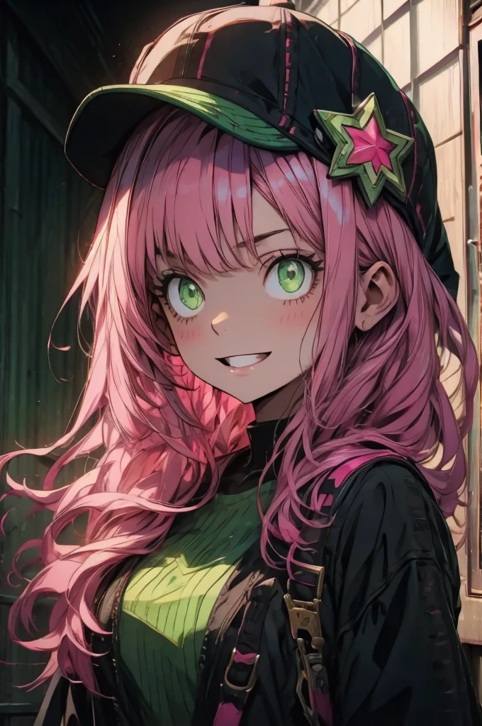 An anime girl with pink hair and green eyes with a surprised expression on her face and a black cat hat, (1girl:0.992), (:d:0.583), (bangs:0.701), (blush:0.584), (Green Eyes: 0.992), (Looking at the Audience: 0.711), (Open Mouth: 0.760), (Pink Hair: 0.917), (Ribbon: 0.826), (Short Hair: 0.571), (Smile: 0.855), (Solo: 0.949), (Teeth: 0.770), (Upper Body: 0.760)