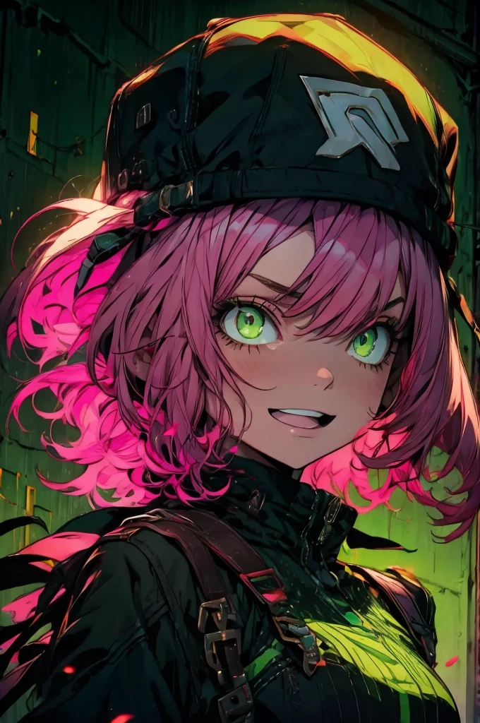 An anime girl with pink hair and green eyes with a surprised expression on her face and a black cat hat, (1girl:0.992), (:d:0.583), (bangs:0.701), (blush:0.584), (Green Eyes: 0.992), (Looking at the Audience: 0.711), (Open Mouth: 0.760), (Pink Hair: 0.917), (Ribbon: 0.826), (Short Hair: 0.571), (Smile: 0.855), (Solo: 0.949), (Teeth: 0.770), (Upper Body: 0.760)