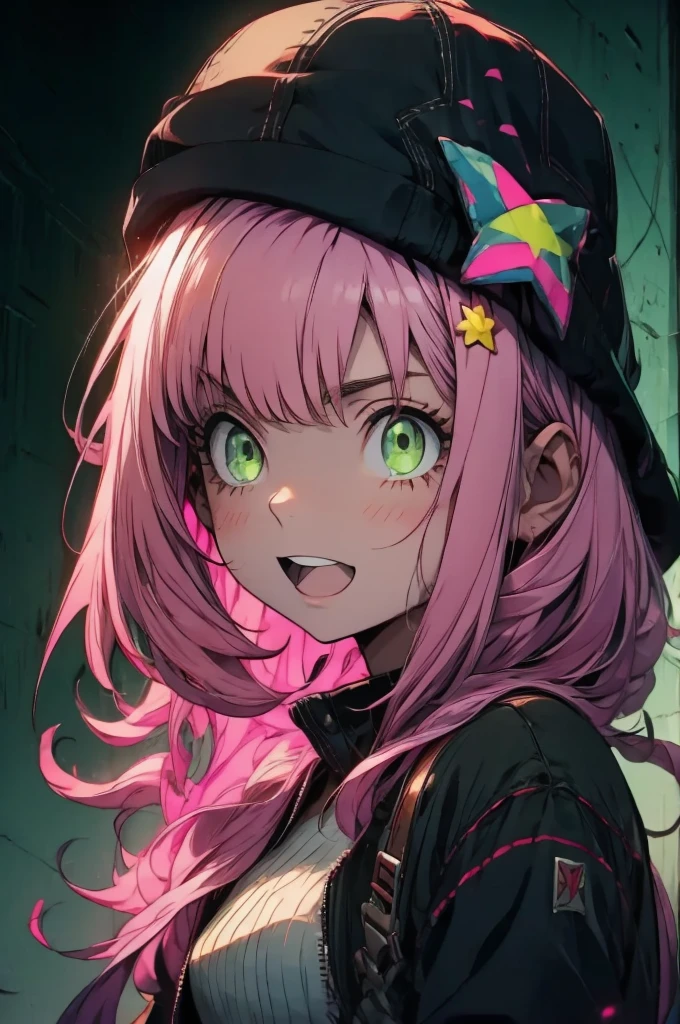 An anime girl with pink hair and green eyes with a surprised expression on her face and a black cat hat, (1girl:0.992), (:d:0.583), (bangs:0.701), (blush:0.584), (Green Eyes: 0.992), (Looking at the Audience: 0.711), (Open Mouth: 0.760), (Pink Hair: 0.917), (Ribbon: 0.826), (Short Hair: 0.571), (Smile: 0.855), (Solo: 0.949), (Teeth: 0.770), (Upper Body: 0.760)