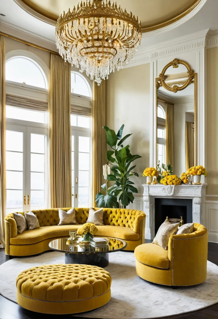 Luxurious living room with opulent gold and mustard décor, featuring a large crystal chandelier, ornate gold fixtures, and a tufted circular ottoman. Large sectional sofa with matching throw pillows surrounds a round marble coffee table. Floor-to-ceiling windows are adorned with elegant drapes, complemented by a gold-framed mirror and a fireplace. Lush plants and floral arrangements enhance the sophisticated ambiance.