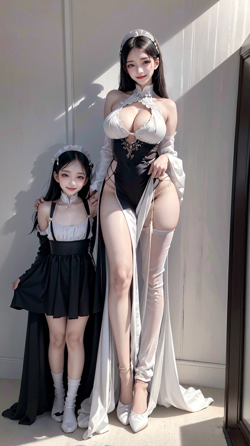 see through clothes(Full body female love:1.3)，best quality, masterpiece, ultra high resolution, (lifelike:1.4), original photo, 1 female,30 years old， black hair, big eyes, Detailed eyes and face,huge breasts，split，long legs，Belted robe open ，bare shoulder，no underwear:1.5,see through clothes，Hollow material white clothes，kitchen:1.3，Smile、sleeveless costume、((Maid clothes))、((She is carrying her  daughter))、Extremely revealing clothing、A young but sexually attractive daughter