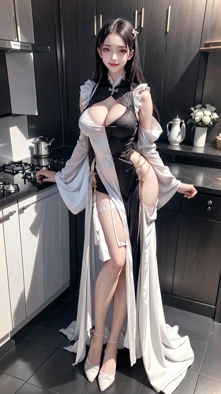 see through clothes(Full body female love:1.3)，best quality, masterpiece, ultra high resolution, (lifelike:1.4), original photo, 1 female,30 years old， black hair, big eyes, Detailed eyes and face,huge breasts，split，long legs，Belted robe open ，bare shoulder，no underwear:1.5,see through clothes，Hollow material white clothes，kitchen:1.3，Smile、sleeveless costume、((Maid clothes))、((She is carrying her  daughter))、Extremely revealing clothing、A young but sexually attractive daughter