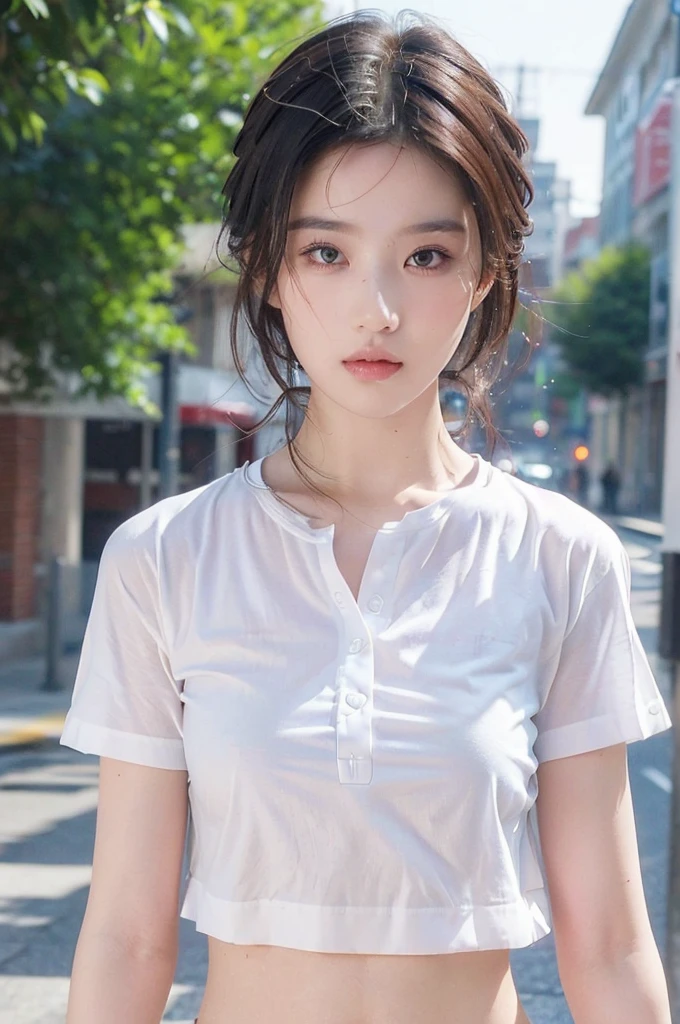 ((best quality, 8K, masterpiece: 1.3)), sharp: 1.2, Perfect body beauty: 1.4, Slim abdominal muscles: 1.2, ((Layered Hairstyle, :1.2)), (White Button Short Sleeve Shirt: 1.1), (street: 1.2), wet: 1.5, Highly detailed face and skin textures, Beautiful eyes, Double eyelids, Looking at the camera