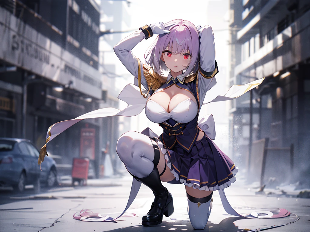 (full body),masterpiece, Highest quality, High resolution, male, short hair, Hello, Red eyes, Large Breasts, Cleavage, Epaulettes, White gloves, Elbow hand pockets, Purple Skirt, Knee socks, Cowboy Shot, (Pose in front, Squat,Place your hands behind your head.),Straight, street,