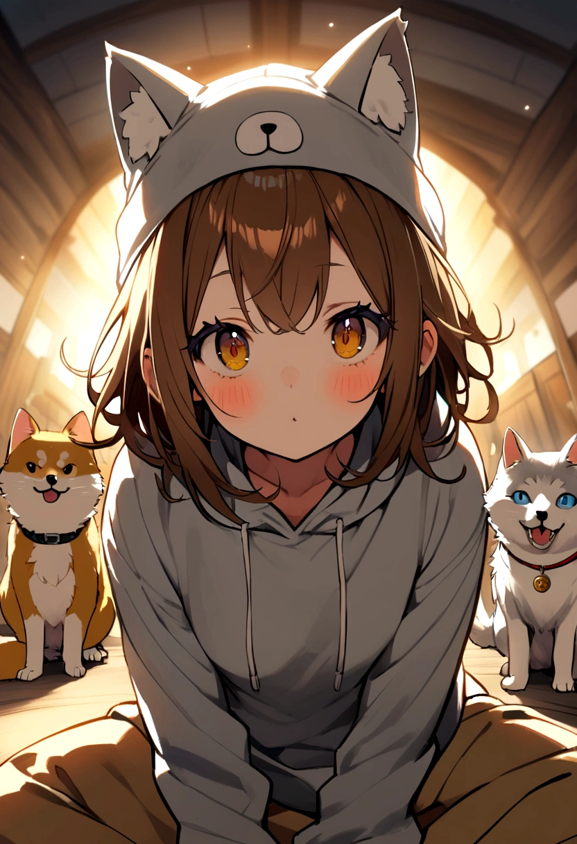 Brown Hair、Wolf Hair、The eyes are large、Long eyeliner、I like Shiba Inu, cats, and games.、The outfit is a grey hoodie and grey cap.。