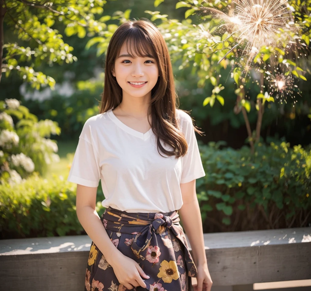 (Highest quality,masterpiece:1.3,Ultra-high resolution),(Very detailed,Caustics,8K),(Realistic:1.4,RAW shooting),26 years old,,(I'm looking at the camera with a smile on my face)Brown Hair,Medium Hair、T-Shirts,Knee-length skirt,street,,Soft sunlight,Natural light、Solo Snap、Natural color lip、Thin eyebrows、Dimples、yukata、Fireworks display