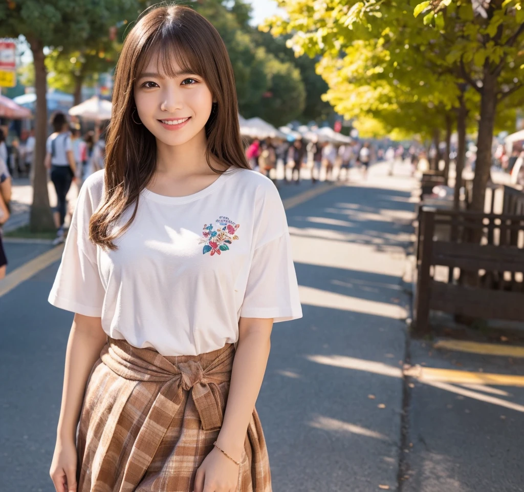 (Highest quality,masterpiece:1.3,Ultra-high resolution),(Very detailed,Caustics,8K),(Realistic:1.4,RAW shooting),26 years old,,(I'm looking at the camera with a smile on my face)Brown Hair,Medium Hair、T-Shirts,Knee-length skirt,street,,Soft sunlight,Natural light、Solo Snap、Natural color lip、Thin eyebrows、Dimples、yukata、Fireworks display