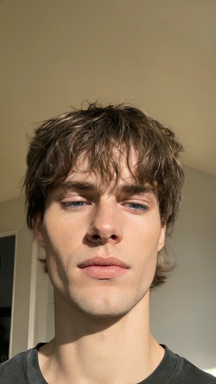 a man with beautiful detailed blue eyes, long blonde hair, and a gold angelic armor, standing in a cinematic scene with natural lighting, detailed skin pores texture, and wrinkled skin, a realistic and detailed 8k photo-realistic portrait, masterpiece quality
