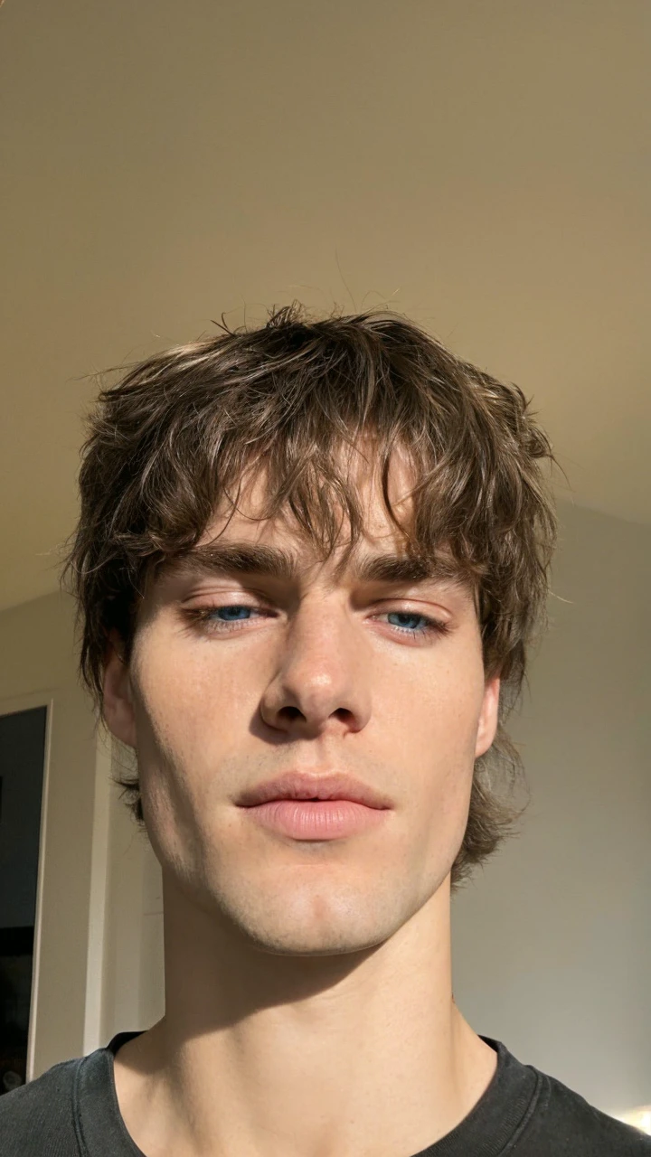 a man with beautiful detailed blue eyes, long blonde hair, and a gold angelic armor, standing in a cinematic scene with natural lighting, detailed skin pores texture, and wrinkled skin, a realistic and detailed 8k photo-realistic portrait, masterpiece quality