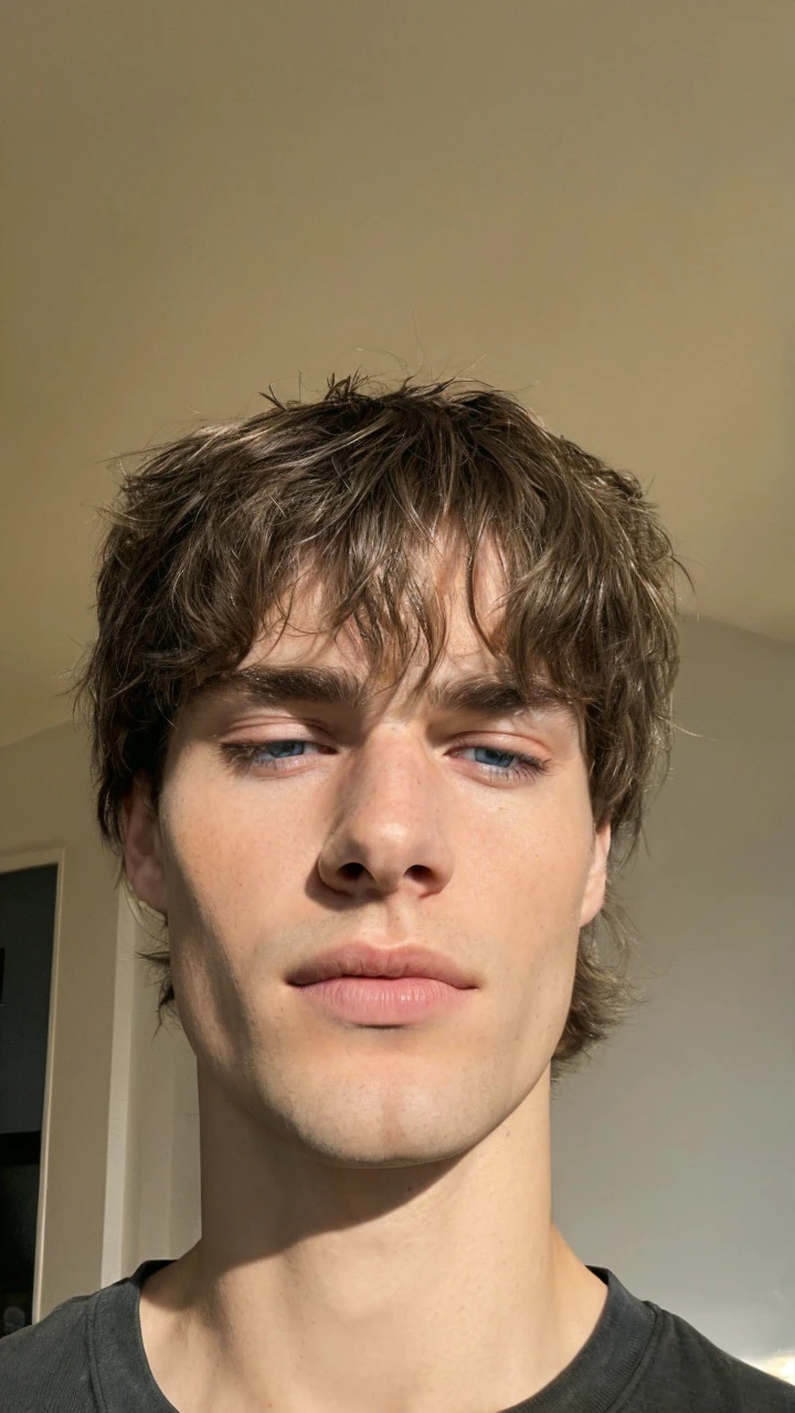 a man with beautiful detailed blue eyes, long blonde hair, and a gold angelic armor, standing in a cinematic scene with natural lighting, detailed skin pores texture, and wrinkled skin, a realistic and detailed 8k photo-realistic portrait, masterpiece quality