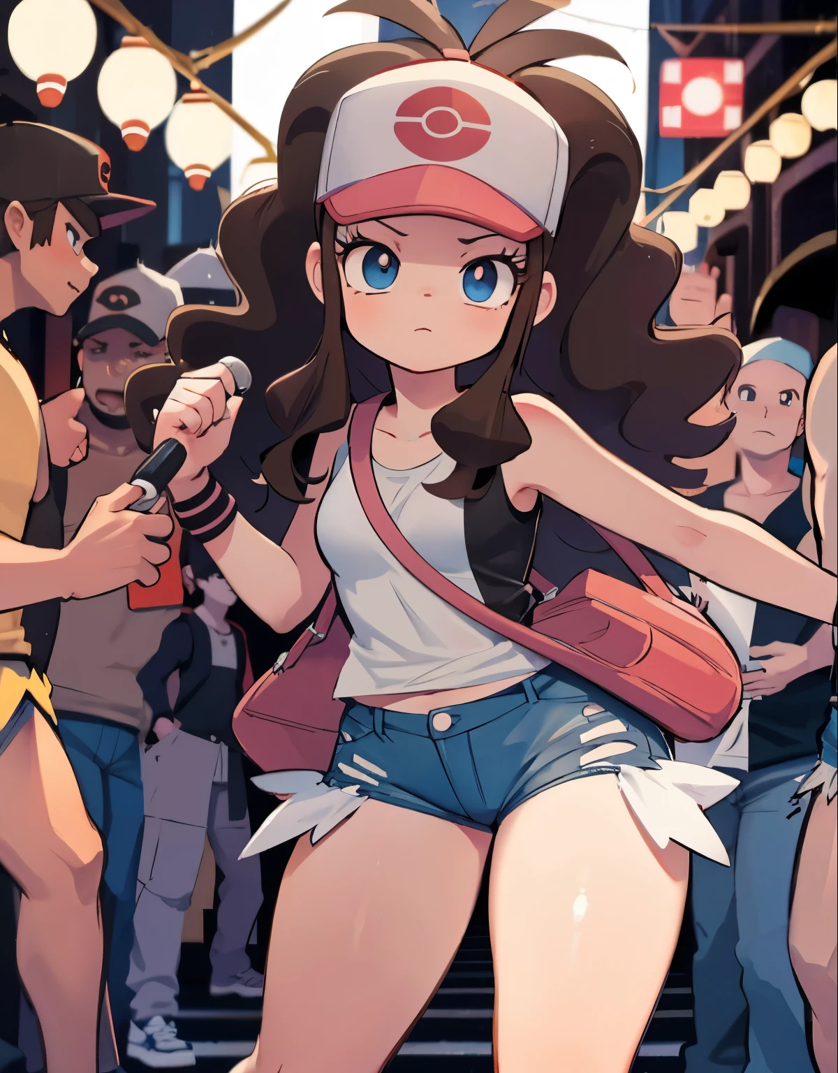 High quality, Masterpiece, Best quality, Hilda \(pokemon\), def1, body shape, beautiful eyes, detailed eyes, thick thighs, a girl being touched by multiple men without her consent inside a dark alley,illustration,harsh and disturbing atmosphere,[dark shadows,dark and crowded subway car,panic,struggle],(best quality,highres),vivid colors,warm tones,dimmed lighting