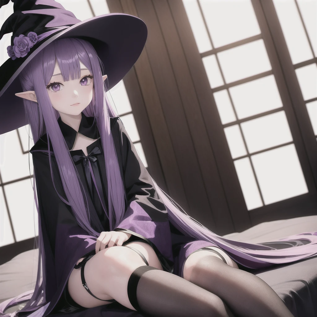 anime girl long purple hair wearing a black Robe. she has pointy ears. Witch Hat. Manga kawaii. iridescent ,An illustration, Sit on the sofa, (no background)