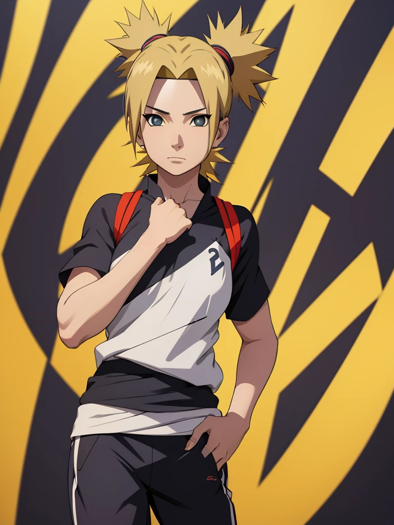 Temari from naruto, 1women, as an athlete, wearing sports t-shirt and pants, at a playground , yellow colour short hair, 8k, high detailed, high quality
