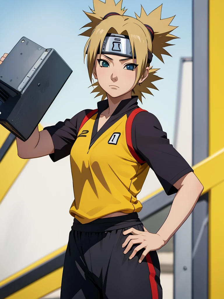 Temari from naruto, 1women, as an athlete, wearing sports t-shirt and pants, at a playground , yellow colour short hair, 8k, high detailed, high quality
