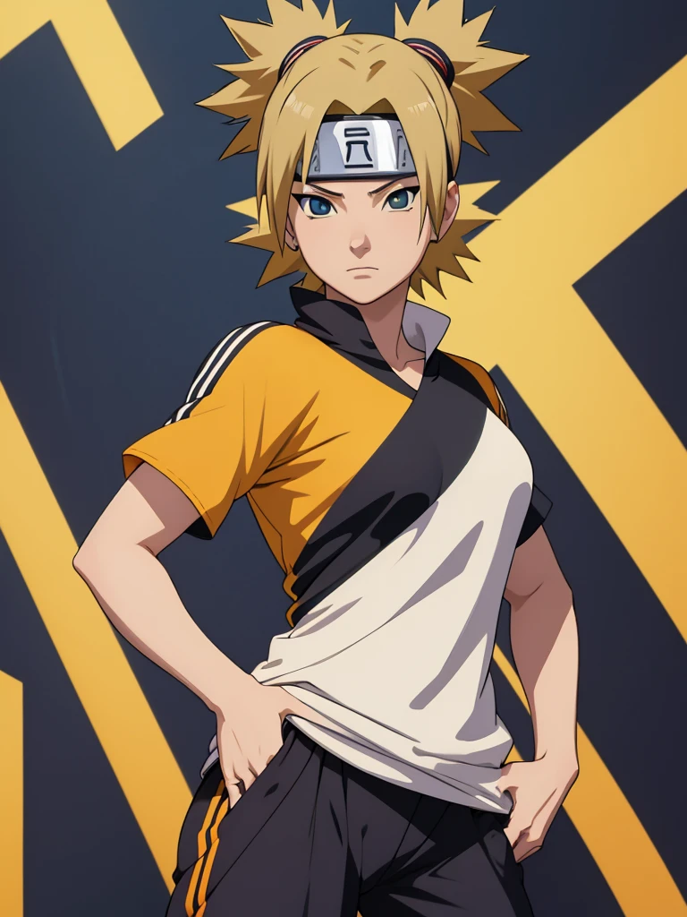 Temari from naruto, 1women, as an athlete, wearing sports t-shirt and pants, at a playground , yellow colour short hair, 8k, high detailed, high quality
