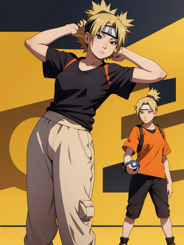 Temari from naruto, 1women, as an athlete, wearing sports t-shirt and pants, at a playground , yellow colour short hair, 8k, high detailed, high quality
