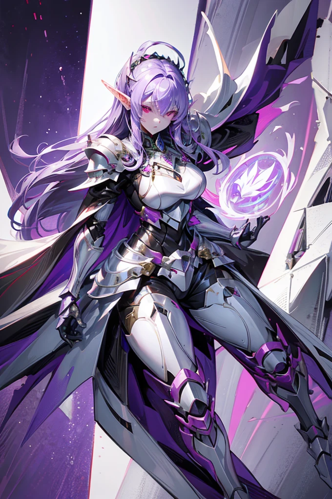 female elf knight, full body art, purple hair, white skin, red iris eye, knight full plate adorned armor, silver cape, perfectly detailed