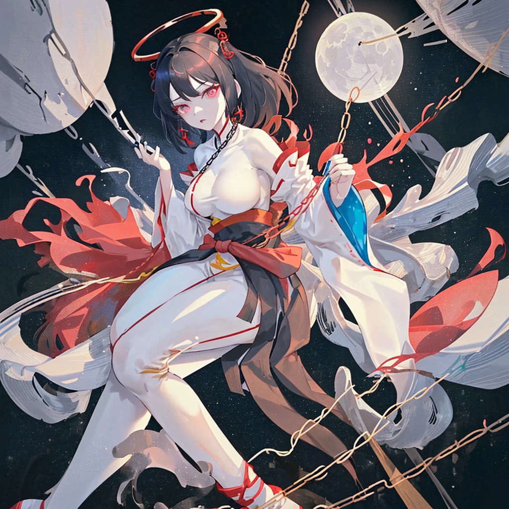 A woman only a hanfu with a bow at the waist and sleeves, big breasts, a white bodysuit, black chains, hair, half white, black, degrade red. cerulean eyes. Lunar space background the dress highlights your figure.