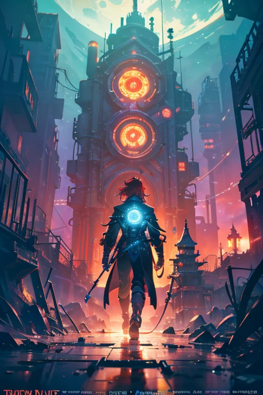 Niji mode.  Full body, elf wizard, secret agent, wearing a fine and elegant suit, holding a pistol with long barrel glowing magic carvings and long handle, technological boot with glowing magic circuits, ruby ​​eyes, dark red hair, orange skin, glowing red tattoos, ruby piercings, looking at the viewer, detailed face.  Atompunk, android, cyborg, mechanical parts with magic stones, magic glowing eyes, advanced technology mixed with magic, magic circuits, gears made of magic materials, developed by Technological Magic.  Walking in the middle of a magical atompunk metropolis mixing technology and vegetation, particle effects, wide and deep scenery, with multiple planes of depth, cinematic and dynamic scene with a sense of movement, view of magical bright lights reflecting the scene, stylish pose, aura lights, glowing technological cables, epic atmosphere, magic tools, old anime style, Studio ghibli, metal hurlant, artbook, RPG fantasy.