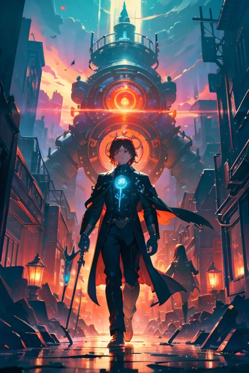 Niji mode.  Full body, elf wizard, secret agent, wearing a fine and elegant suit, holding a pistol with long barrel glowing magic carvings and long handle, technological boot with glowing magic circuits, ruby ​​eyes, dark red hair, orange skin, glowing red tattoos, ruby piercings, looking at the viewer, detailed face.  Atompunk, android, cyborg, mechanical parts with magic stones, magic glowing eyes, advanced technology mixed with magic, magic circuits, gears made of magic materials, developed by Technological Magic.  Walking in the middle of a magical atompunk metropolis mixing technology and vegetation, particle effects, wide and deep scenery, with multiple planes of depth, cinematic and dynamic scene with a sense of movement, view of magical bright lights reflecting the scene, stylish pose, aura lights, glowing technological cables, epic atmosphere, magic tools, old anime style, Studio ghibli, metal hurlant, artbook, RPG fantasy.