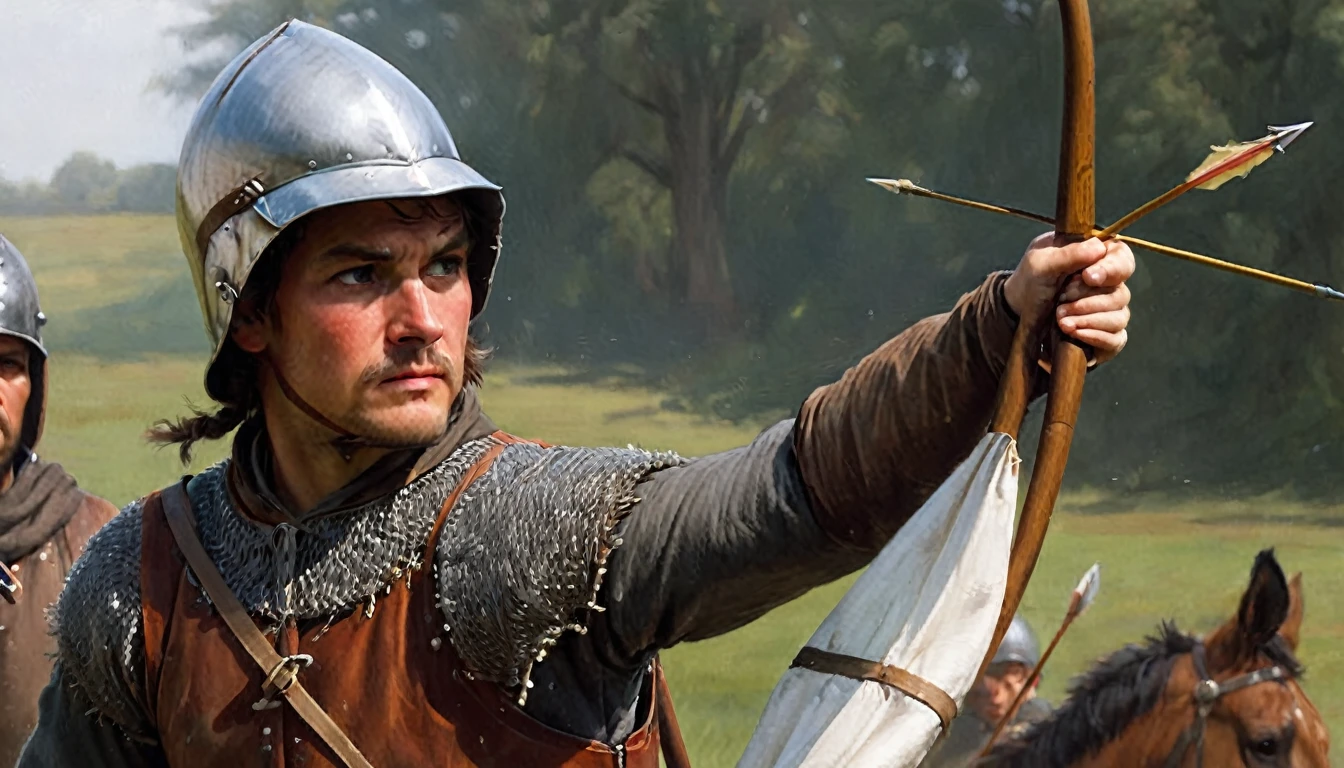 14th century, close-up of an English longbowman. The archer is wearing chain mail under a padded leather jerkin, with a gorget protecting his neck. He wears a simple iron helmet and a cloth hood. On his back hangs a quiver full of steel-tipped wooden arrows. His long bow, made of yew, is tall and curved, with a taut linen rope. The archer holds an arrow, ready to shoot, with a focused and determined expression on his face. The background shows a diffuse battlefield, focusing all attention on the details of their clothing and equipment., Hyperrealism, UHD, retina, masterpiece, accurate, anatomically correct, textured skin, super detail, award winning, 8k
