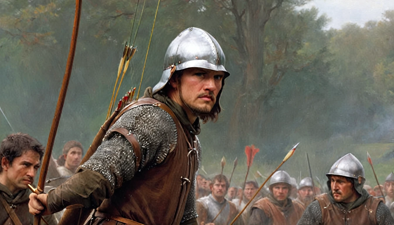 14th century, close-up of an English longbowman. The archer is wearing chain mail under a padded leather jerkin, with a gorget protecting his neck. He wears a simple iron helmet and a cloth hood. On his back hangs a quiver full of steel-tipped wooden arrows. His long bow, made of yew, is tall and curved, with a taut linen rope. The archer holds an arrow, ready to shoot, with a focused and determined expression on his face. The background shows a diffuse battlefield, focusing all attention on the details of their clothing and equipment., Hyperrealism, UHD, retina, masterpiece, accurate, anatomically correct, textured skin, super detail, award winning, 8k