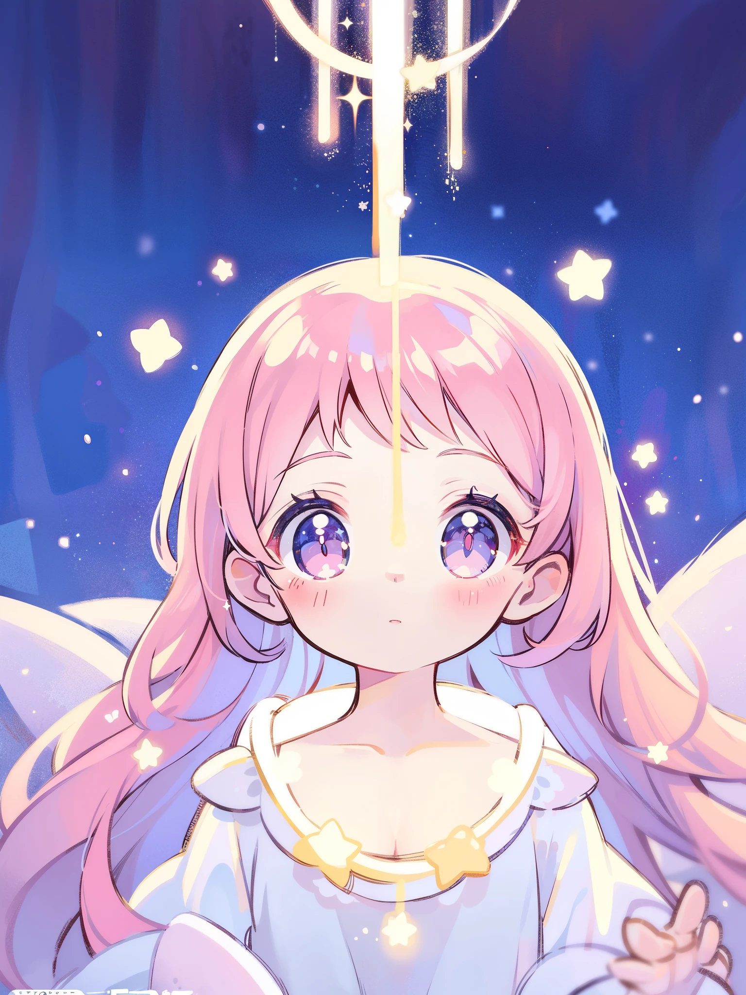 complex background, wishing star background, magical girl wearing an ethereal mystical pink translucent dress that reflects the stars, close up, sparkling detailed eyes, golden ratio face, perfect composition, perfume promo art, mystic, complex drawing, highly detailed, Covergirl brand, promo art, artistic rendition, ethereal, starry night, midjourney style