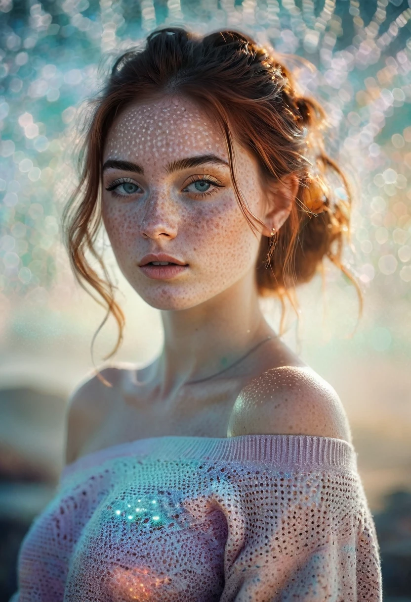 1girl,mysterious girl with freckles,an exotic girl in off-shoulder sweater,fading backlit background,pastel colors,alluring goddess,amazing depth,double exposure,surreal,geometric patterns,intricately detailed,bokeh,perfect balanced,deep fine borders,artistic photorealism,smooth