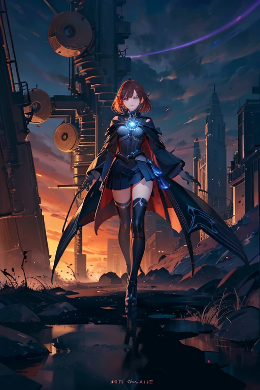 Niji mode. Full body, elf wizard, secret agent, wearing a fine and elegant suit, holding a pistol with long barrel glowing magic carvings and long handle, technological boot with glowing magic circuits, ruby eyes, dark red hair, orange skin, glowing red tattoos, ruby piercings, looking at the viewer, detailed face. Atompunk, android, cyborg, mechanical parts with magic stones, magic glowing eyes, advanced technology mixed with magic, magic circuits, gears made of magic materials, developed by Technological Magic. Walking in the middle of a magical atompunk metropolis mixing technology and vegetation, particle effects, wide and deep scenery, with multiple planes of depth, cinematic and dynamic scene with a sense of movement, view of magical bright lights reflecting the scene, stylish pose, aura lights, glowing technological cables, epic atmosphere, magic tools, old anime style, Studio ghibli, metal hurlant, artbook, RPG fantasy.