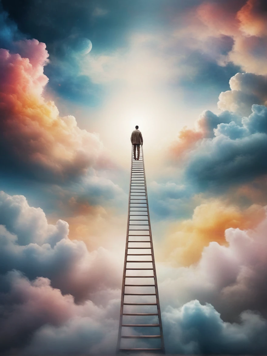 A man climbing an endless ladder,The ladder disappeared into the clouds.
Fantasy style. Fantasy dream art. mystery.
Surreal,