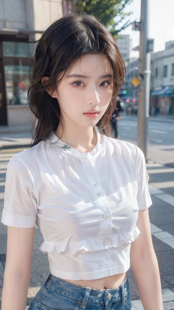 ((best quality, 8K, masterpiece: 1.3)), sharp: 1.2, Perfect body beauty: 1.4, Slim abdominal muscles: 1.2, ((Layered Hairstyle, :1.2)), (White Button Short Sleeve Shirt: 1.1), (street: 1.2), wet: 1.5, Highly detailed face and skin textures, Beautiful eyes, Double eyelids, Looking at the camera